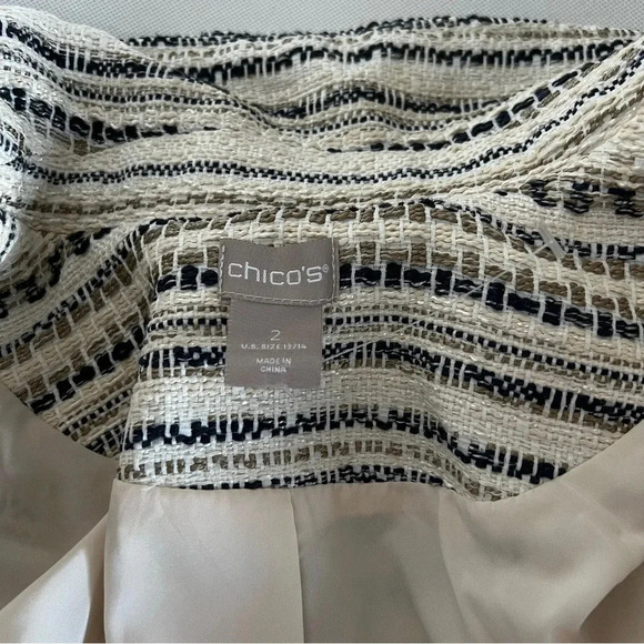 Chico’s Tweed Jacket Size 3 (16-18) Stripped Blazer Zip Closure Side Pockets - Picture 13 of 16